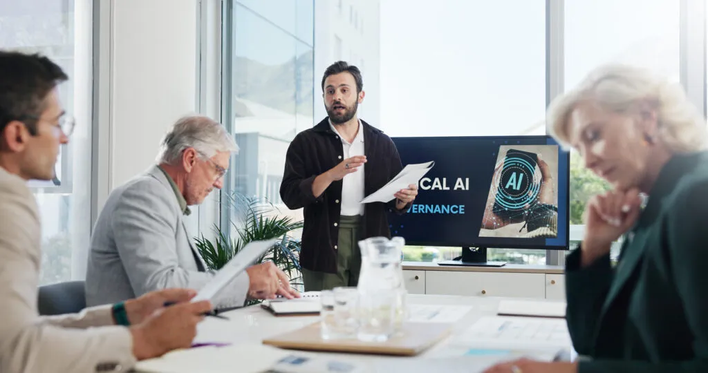 Team discussing AI governance in an office